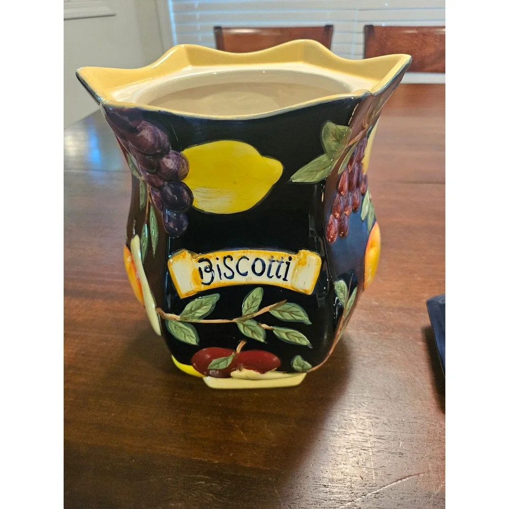Nonnis Biscotti Cookie Jar Kitchenware Large Black Fruit Patterned Ceramic